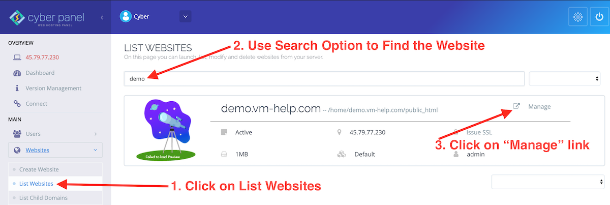 CyberPanel List Websites