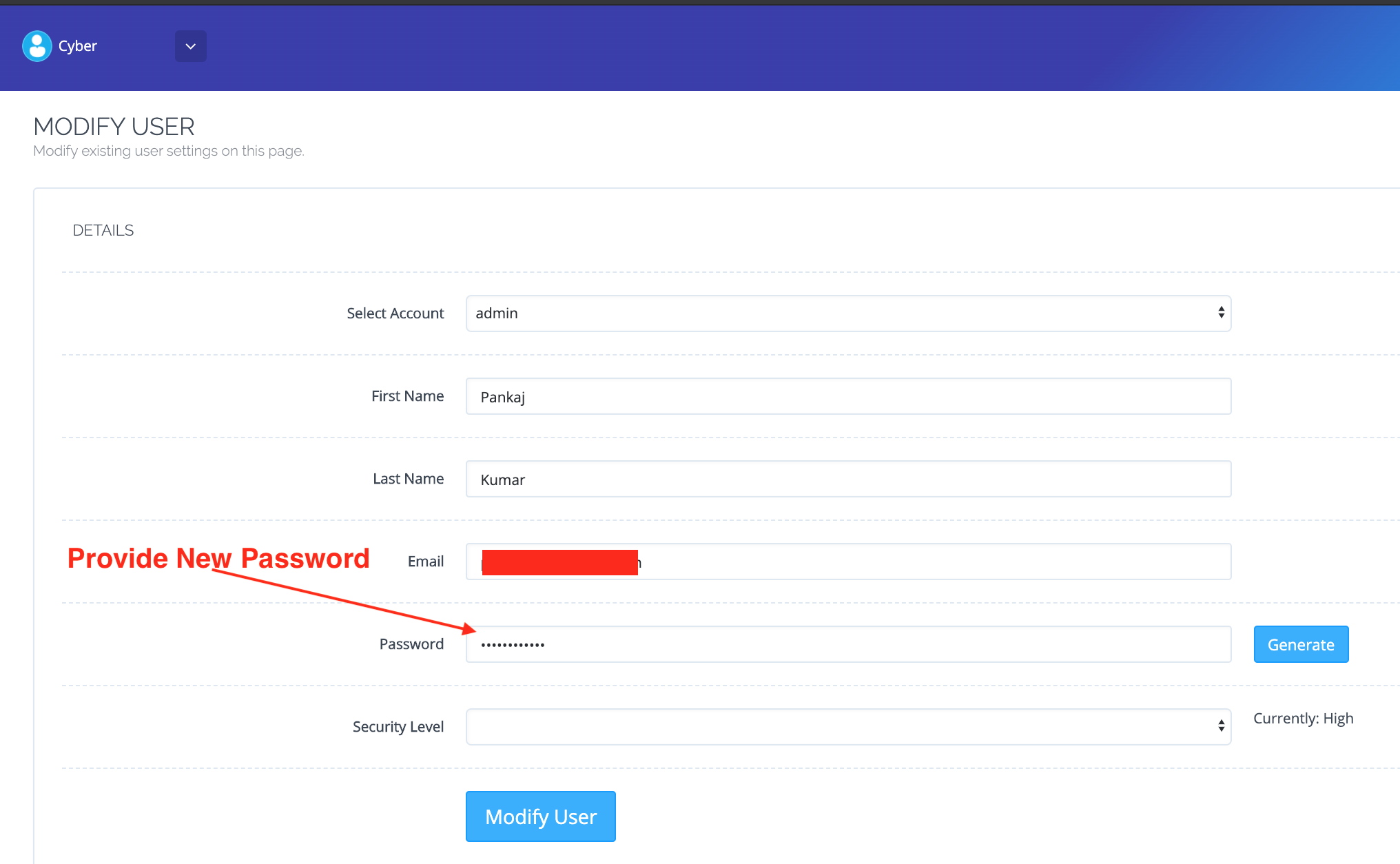 Cyberpanel Dashboard User Profile New Password